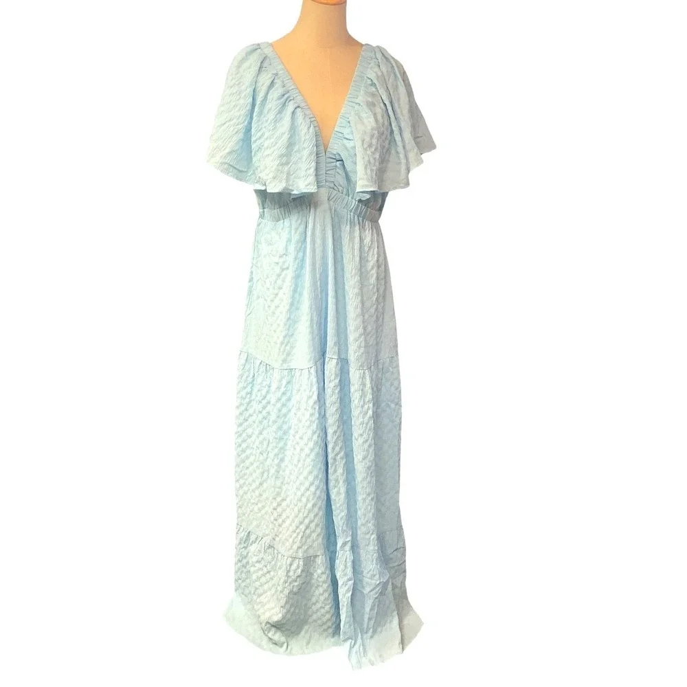 She + Sky Ruffle Sleeve w/ Plunging Neckline Open Back Crepe Blue Maxi Dress 1XL - Picture 2 of 9